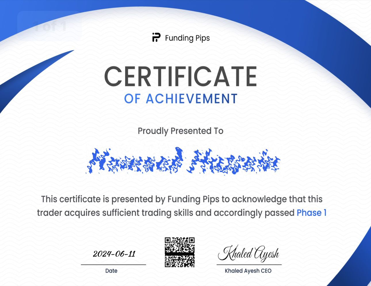 Funding Pips certificate of achievement shared by a 6AM student