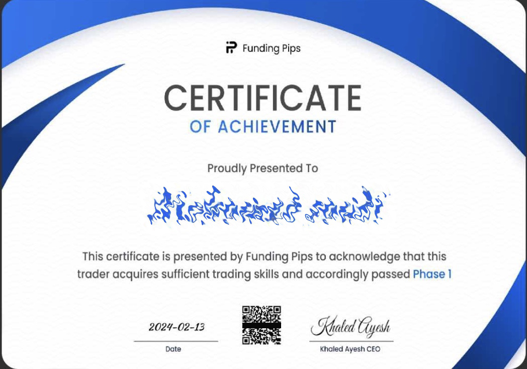 Funding Pips certificate of achievement shared by a 6AM student